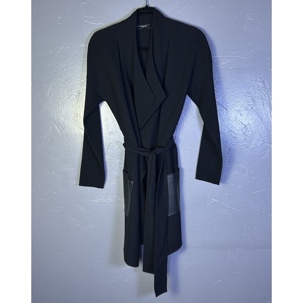 Women's Per Se Black Wool Cardigan W/ Leather Pockets With Tie Belt Size L